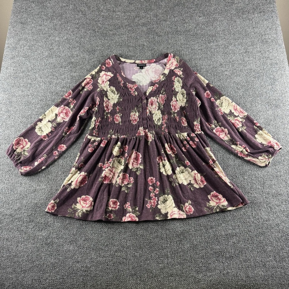 Torrid Tunic Blouse Womens 1 Purple Floral Smocked V-Neck Peplum Babydoll Top